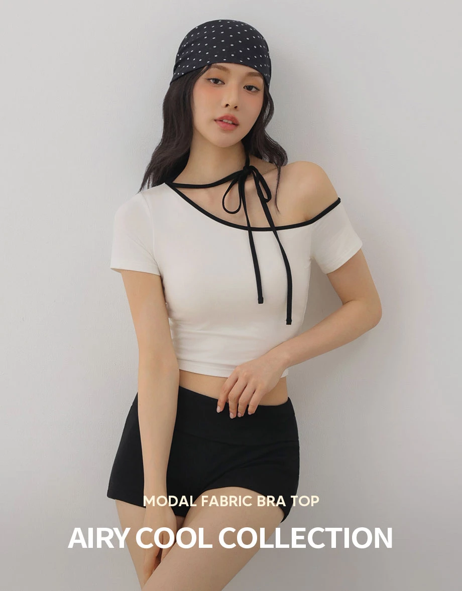 【AIRY COOL】Asymmetrical Off Shoulder Contrast Trim Choker Tie Padded Bra Top 【AIRY COOL】Asymmetrical Off Shoulder Contrast Trim Choker Tie Padded Bra Top