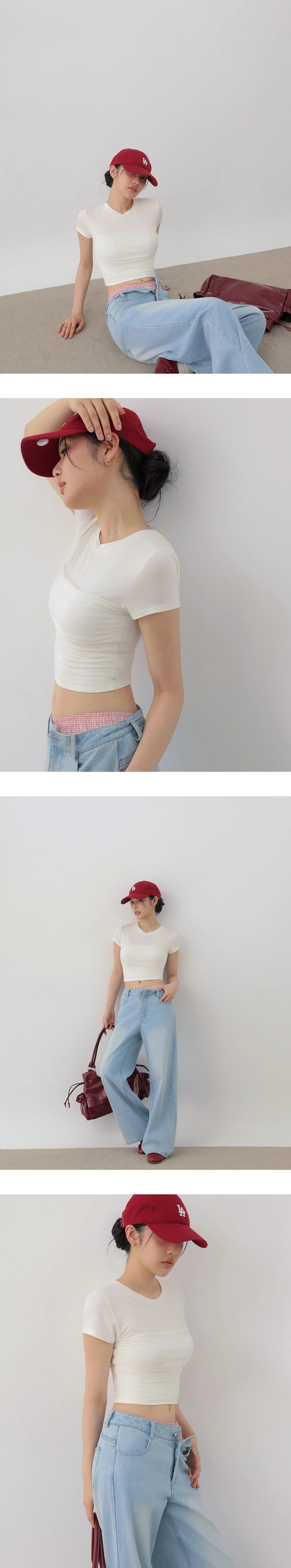 圓領拼接抓皺短袖短版TEE 圓領拼接抓皺短袖短版TEE