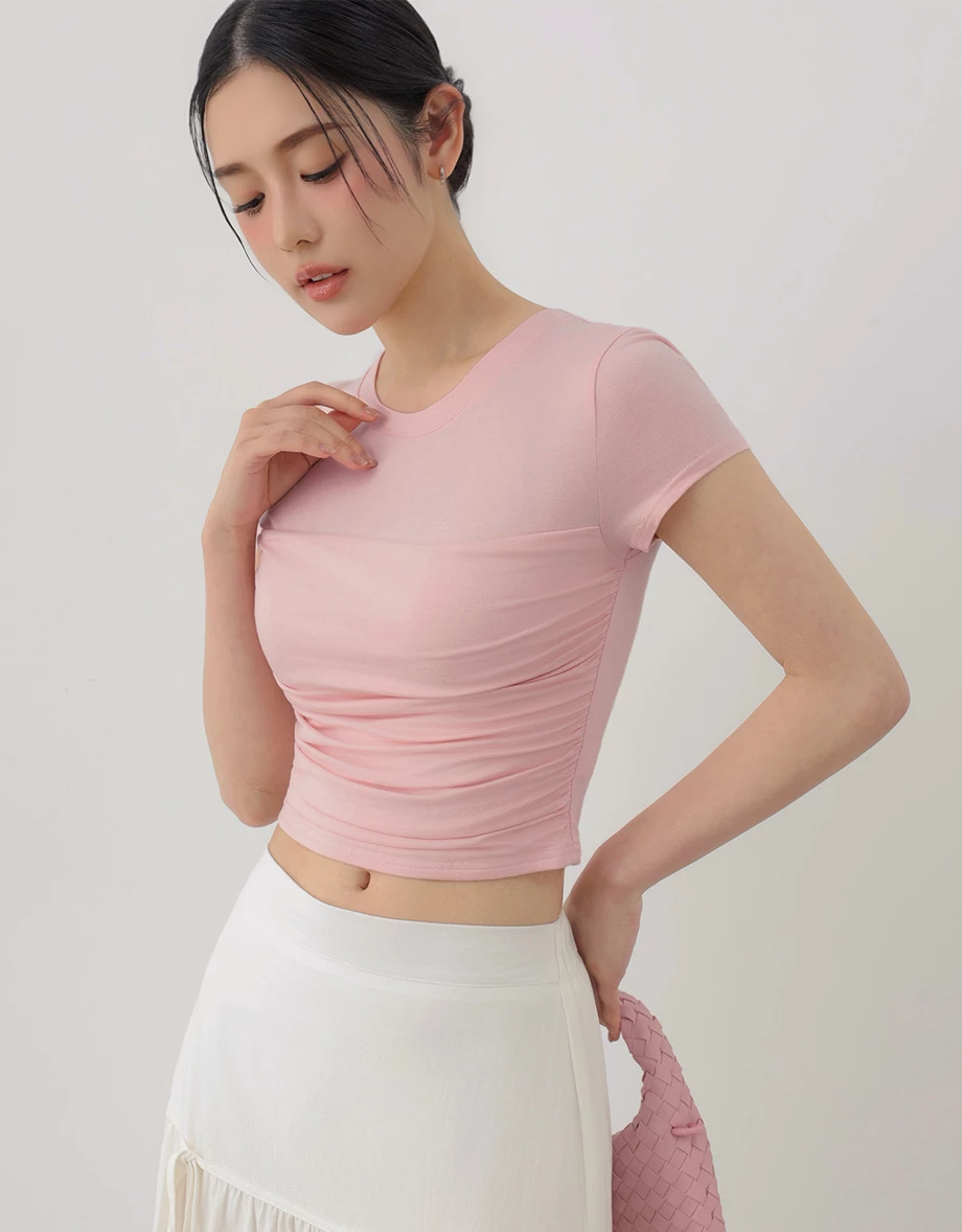 圓領拼接抓皺短袖短版TEE