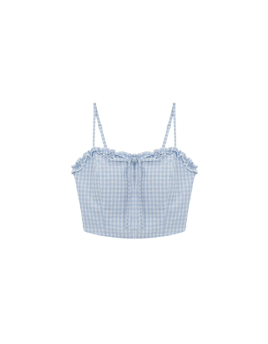Plaid Ruffle Trim Front Tie Padded Cami Top