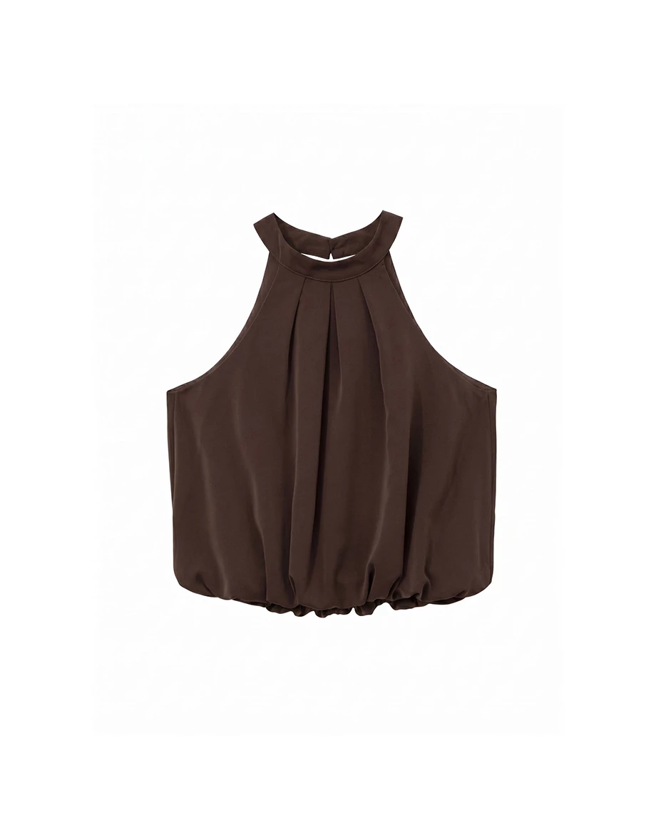 Halter Neck Pleated Chiffon Balloon Hem Crop Blouse Top