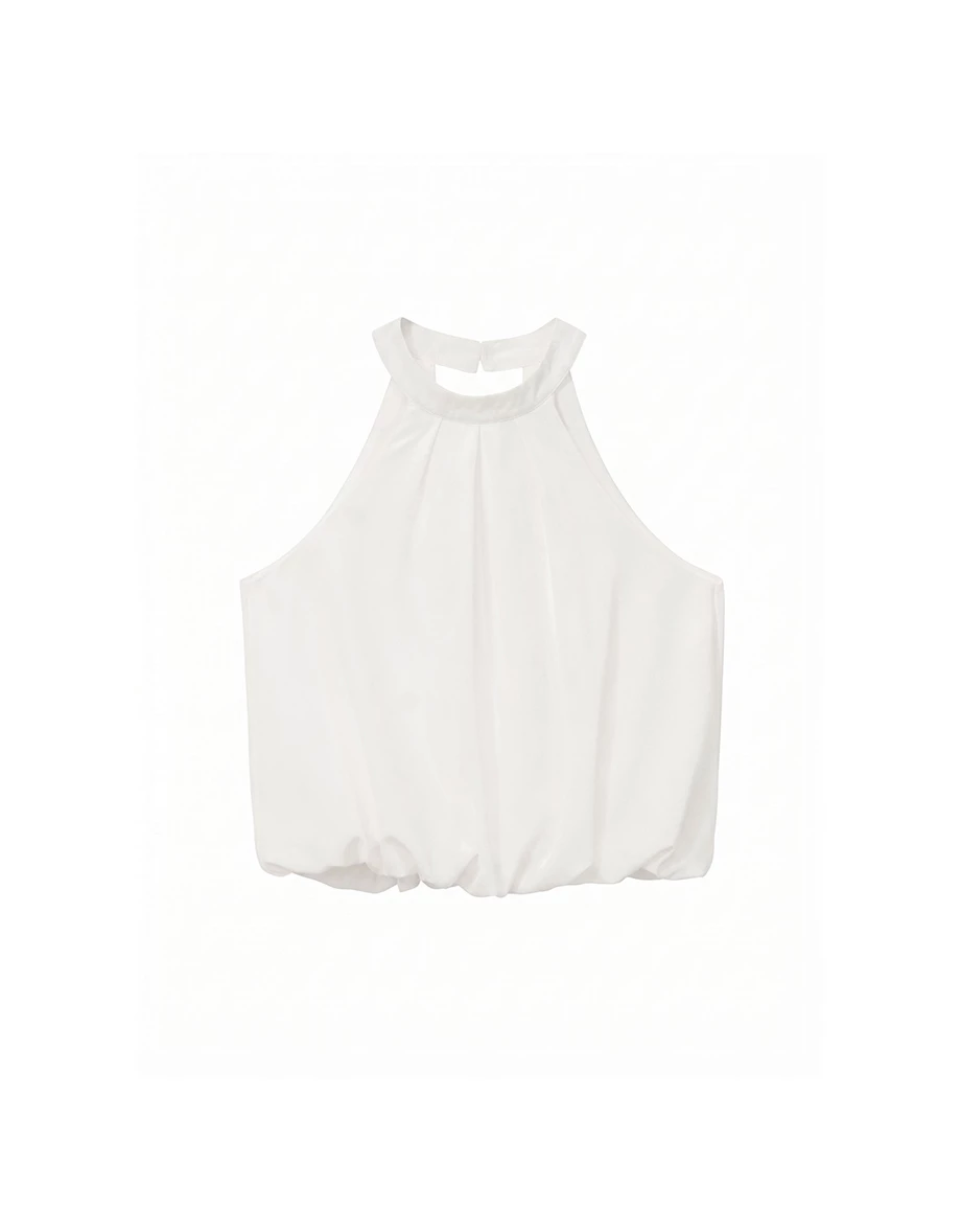 Halter Neck Pleated Chiffon Balloon Hem Crop Blouse Top