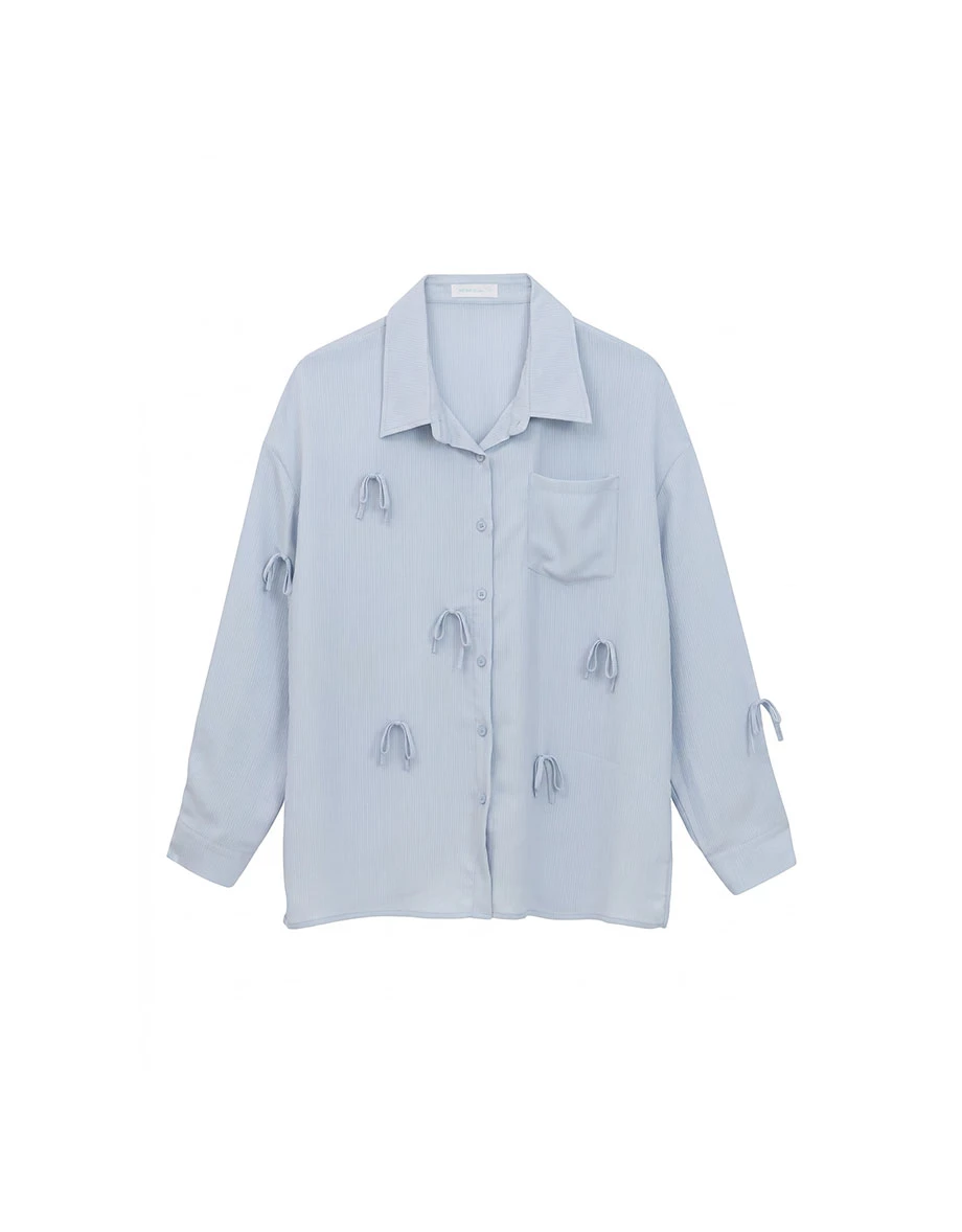 Drop Shoulder Bow Accent Oversized Shirt Blouse