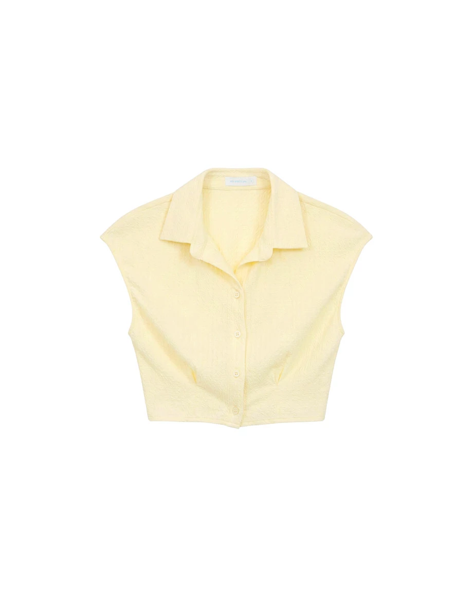 Collared Button Up Textured Waist Pleated Sleeveless Shirt Blouse