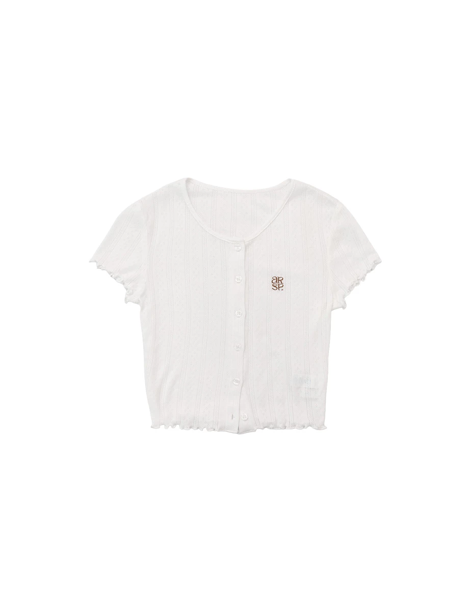 AIR SPACE Logo Embroidered Lettuce Edge Pointelle Open Knit Crop Cardigan Top