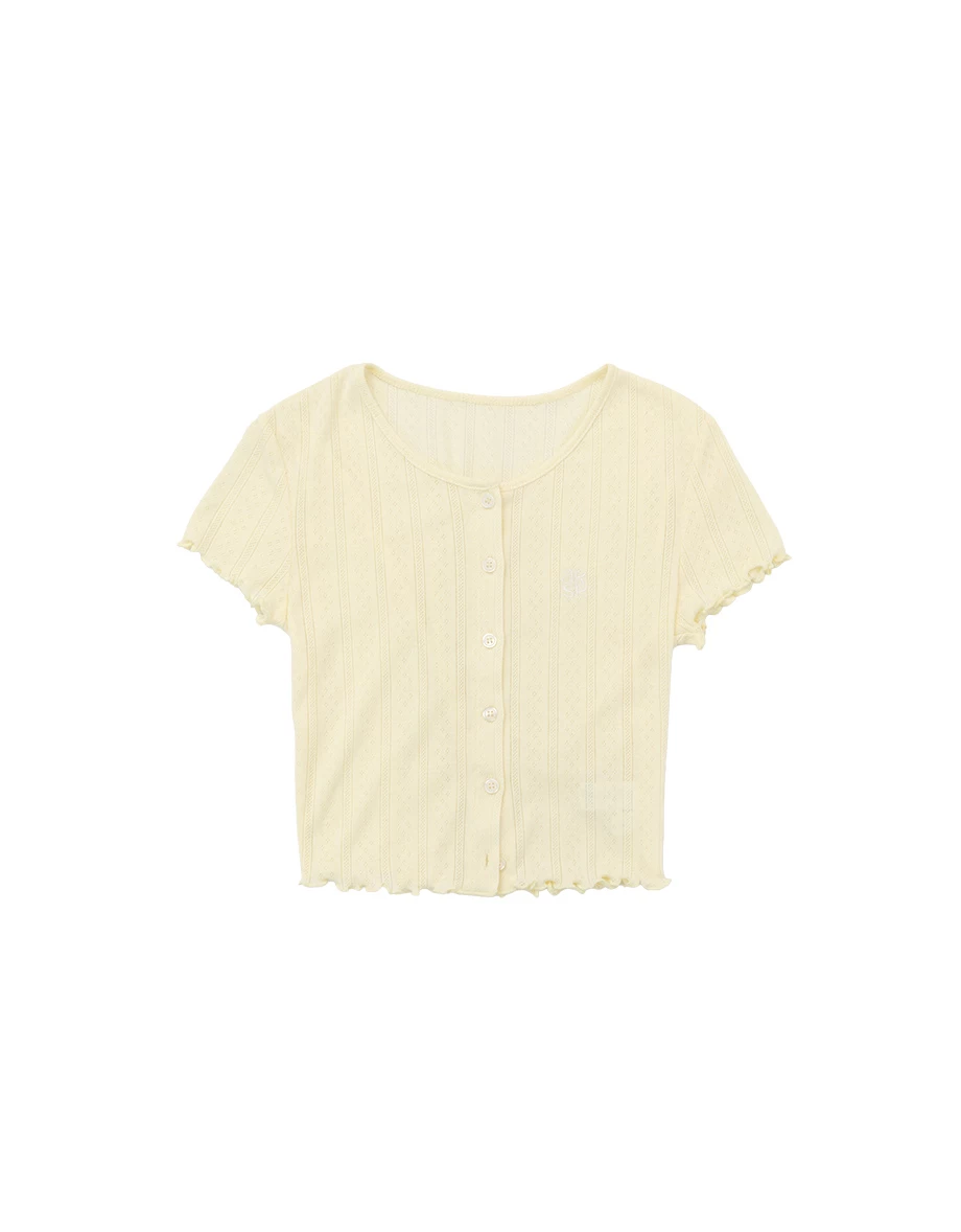 AIR SPACE Logo Embroidered Lettuce Edge Pointelle Open Knit Crop Cardigan Top