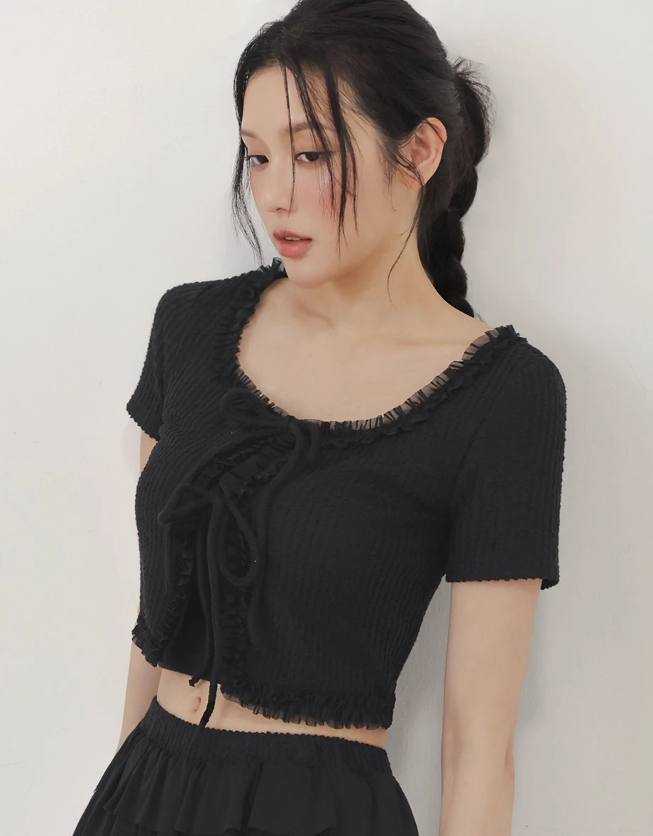 方領網紗花邊雙綁帶短袖波浪線條開襟針織衫