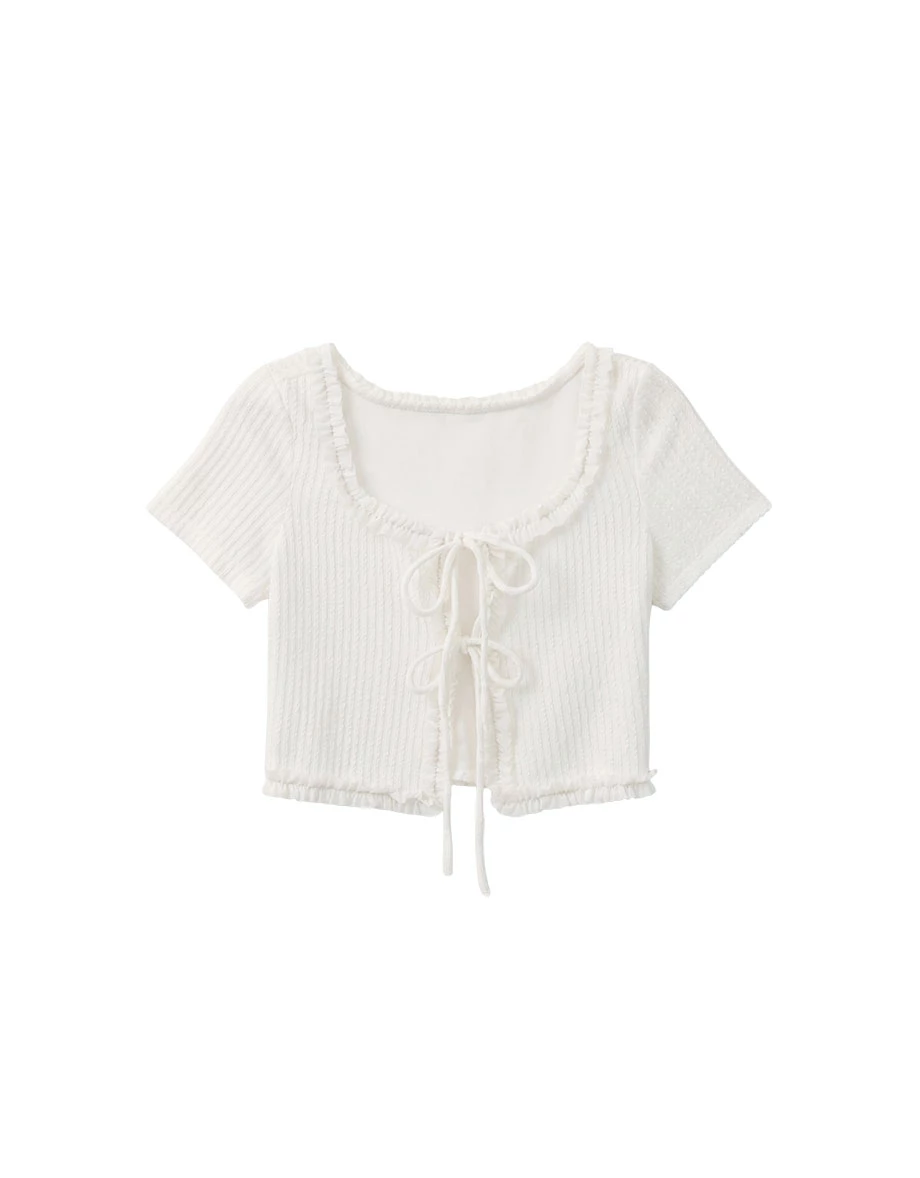 Square Neck Textured Ruffle Trim Tie Front  Knit Crop Cardigan Top