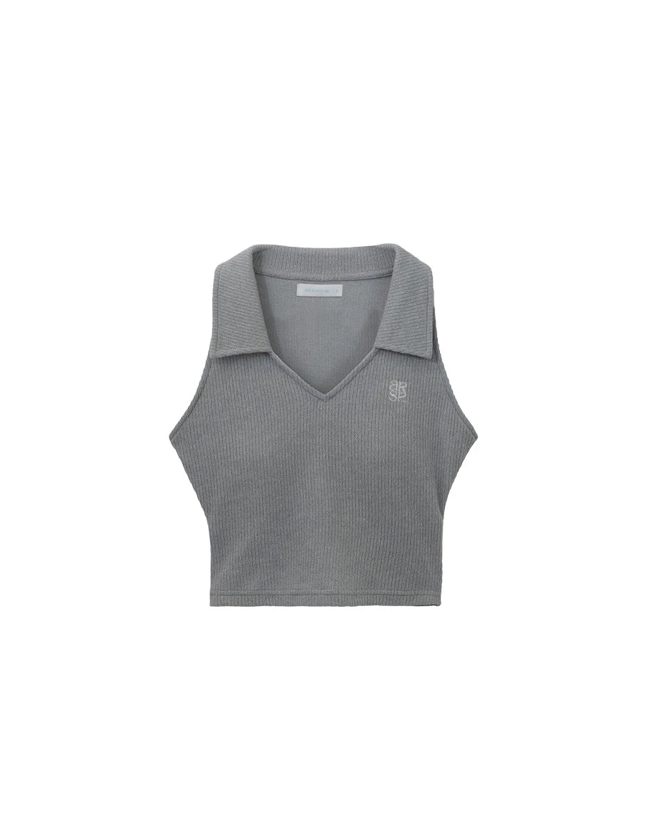 AIR SPACE Logo Embroidered V Neck Polo Collar Ribbed Knit Padded Tank Top