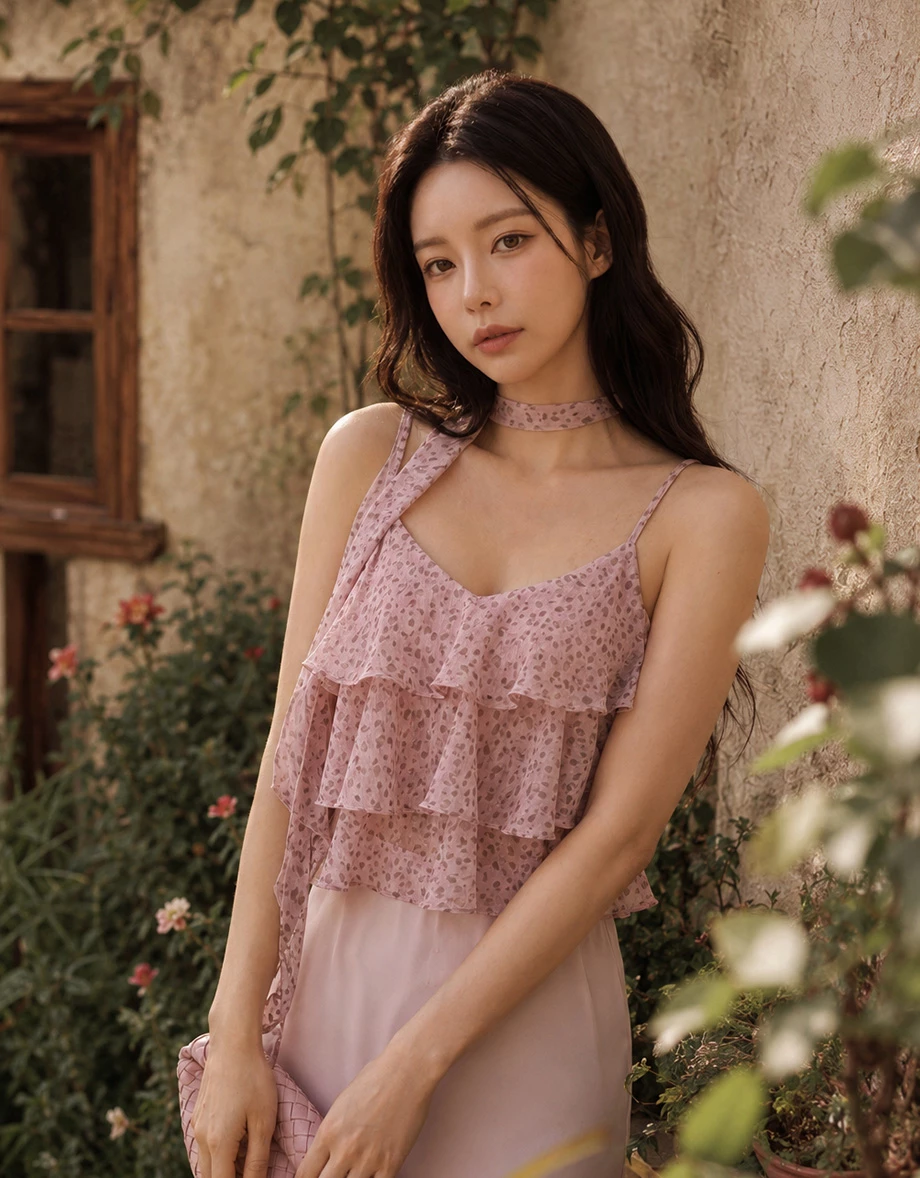 Leopard Print Tiered Ruffle Chiffon Padded Cami Bra Top (with Neck Scarf) Leopard Print Tiered Ruffle Chiffon Padded Cami Bra Top (with Neck Scarf)