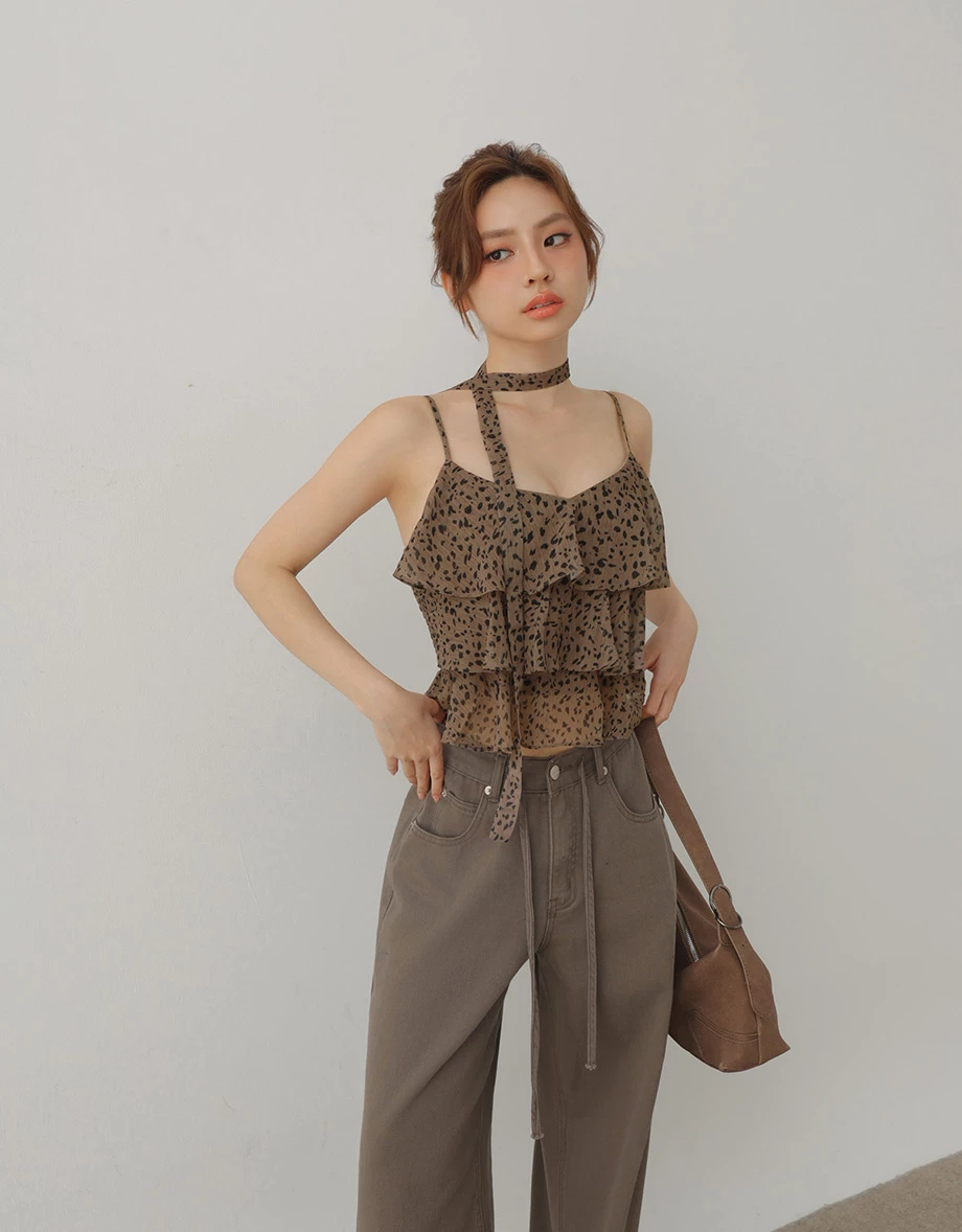 Leopard Print Tiered Ruffle Chiffon Padded Cami Bra Top (with Neck Scarf) Leopard Print Tiered Ruffle Chiffon Padded Cami Bra Top (with Neck Scarf)