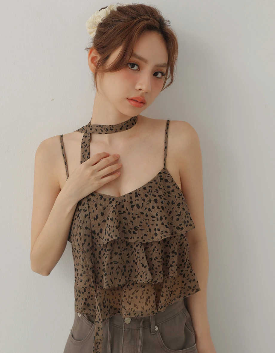 Leopard Print Tiered Ruffle Chiffon Padded Cami Bra Top (with Neck Scarf)