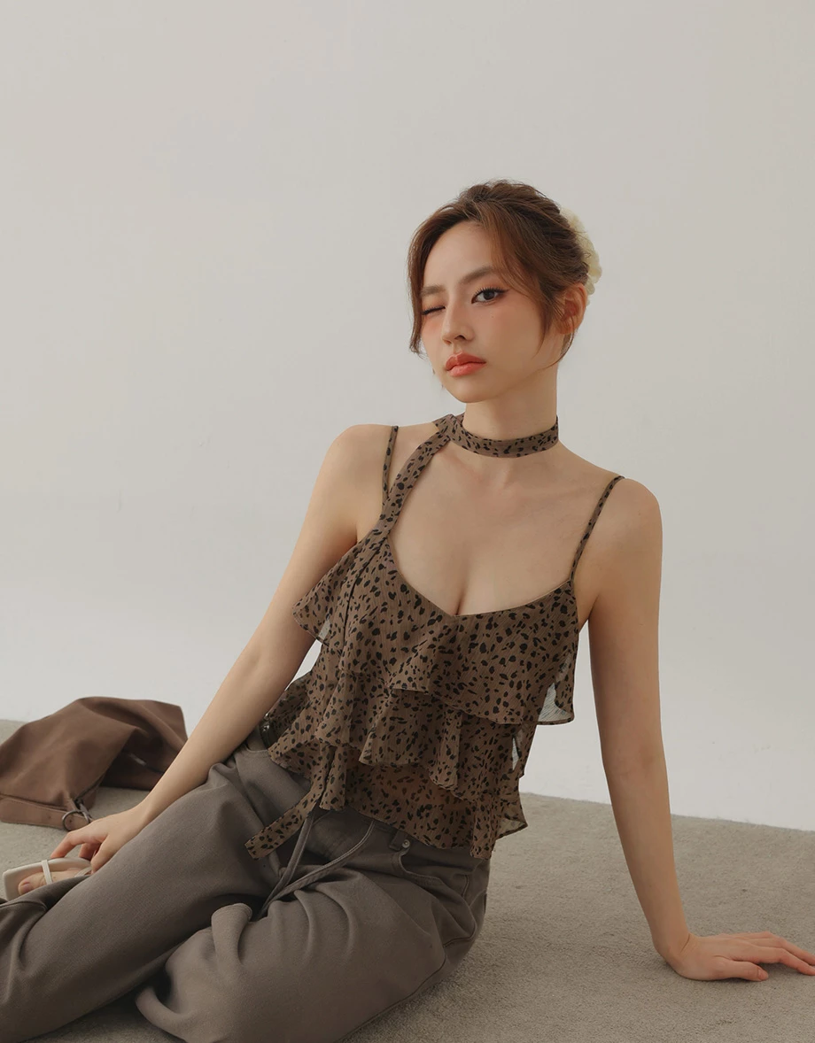 Leopard Print Tiered Ruffle Chiffon Padded Cami Bra Top (with Neck Scarf) Leopard Print Tiered Ruffle Chiffon Padded Cami Bra Top (with Neck Scarf)