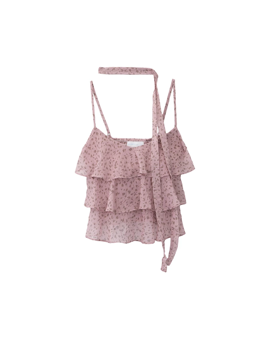 Leopard Print Tiered Ruffle Chiffon Padded Cami Bra Top (with Neck Scarf)