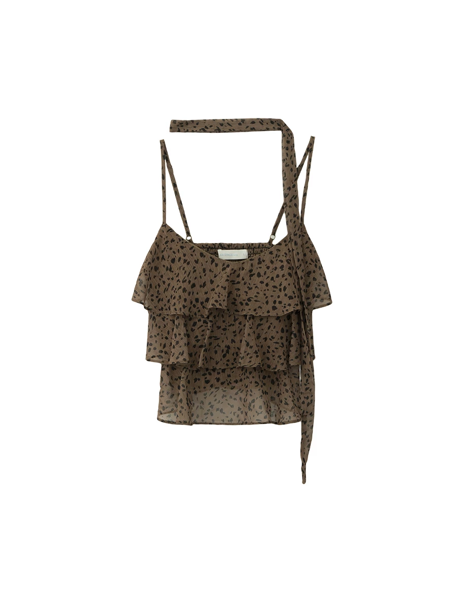 Leopard Print Tiered Ruffle Chiffon Padded Cami Bra Top (with Neck Scarf) Leopard Print Tiered Ruffle Chiffon Padded Cami Bra Top (with Neck Scarf)
