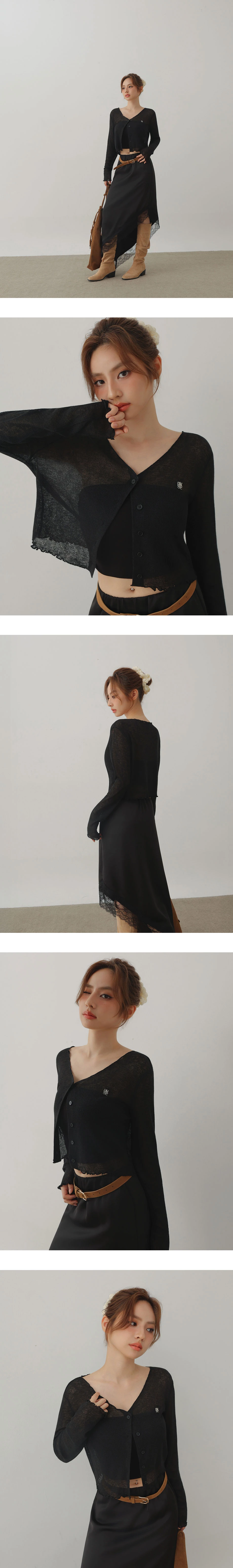 V領長袖微透膚木耳邊短版開襟針織衫 V領長袖微透膚木耳邊短版開襟針織衫