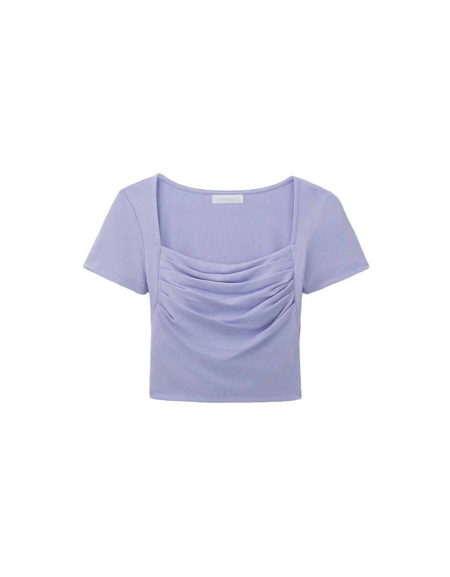 方領抓褶短袖短版BRA TOP