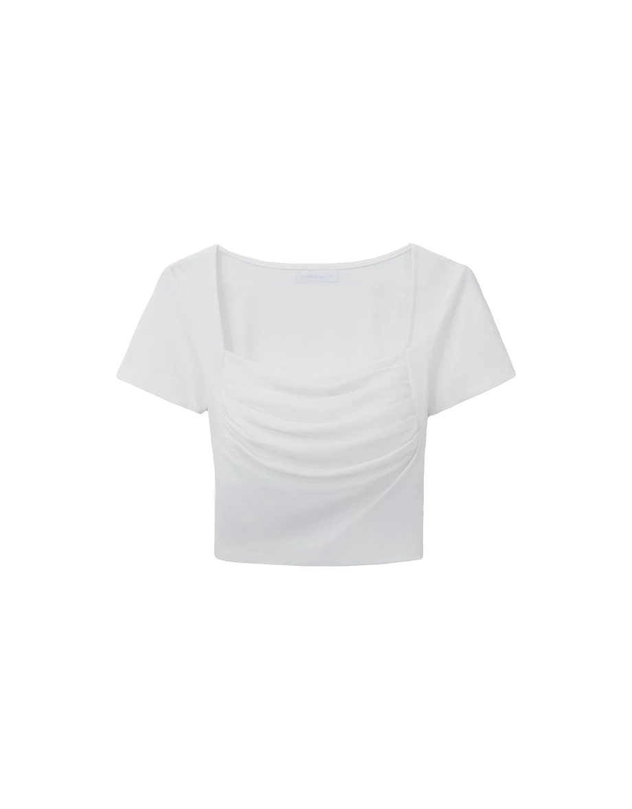 方領抓褶短袖短版BRA TOP