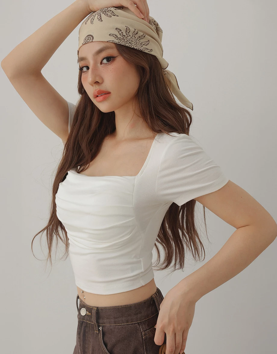 方領抓褶短袖短版BRA TOP