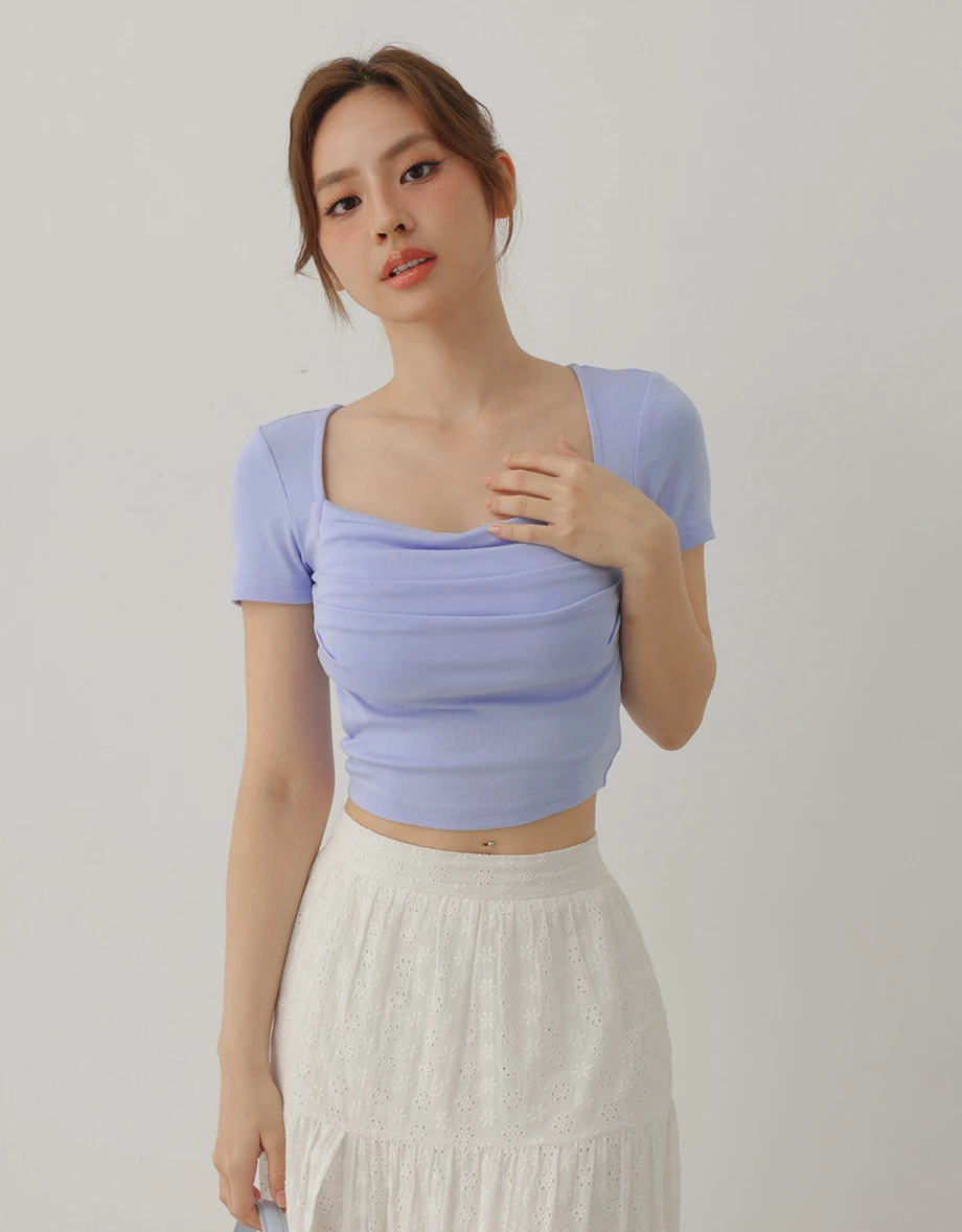 方領抓褶短袖短版BRA TOP