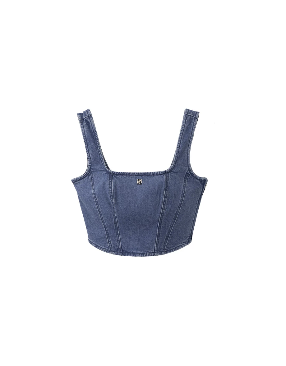 Square Neck Panelled Denim Corset Crop Top with AIR SPACE Metallic Logo