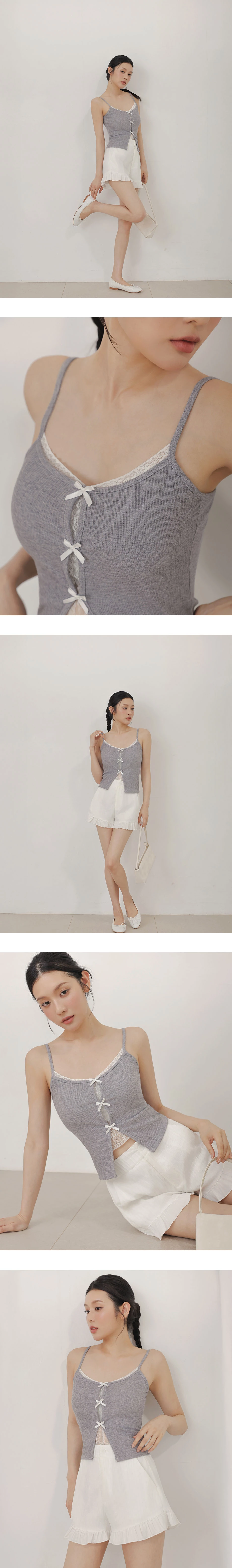 Ribbed Lace Panel Bow Front Padded Cami Bra Top Ribbed Lace Panel Bow Front Padded Cami Bra Top