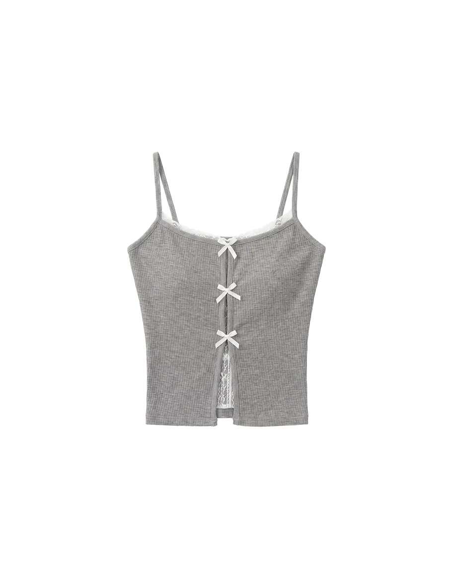 Ribbed Lace Panel Bow Front Padded Cami Bra Top
