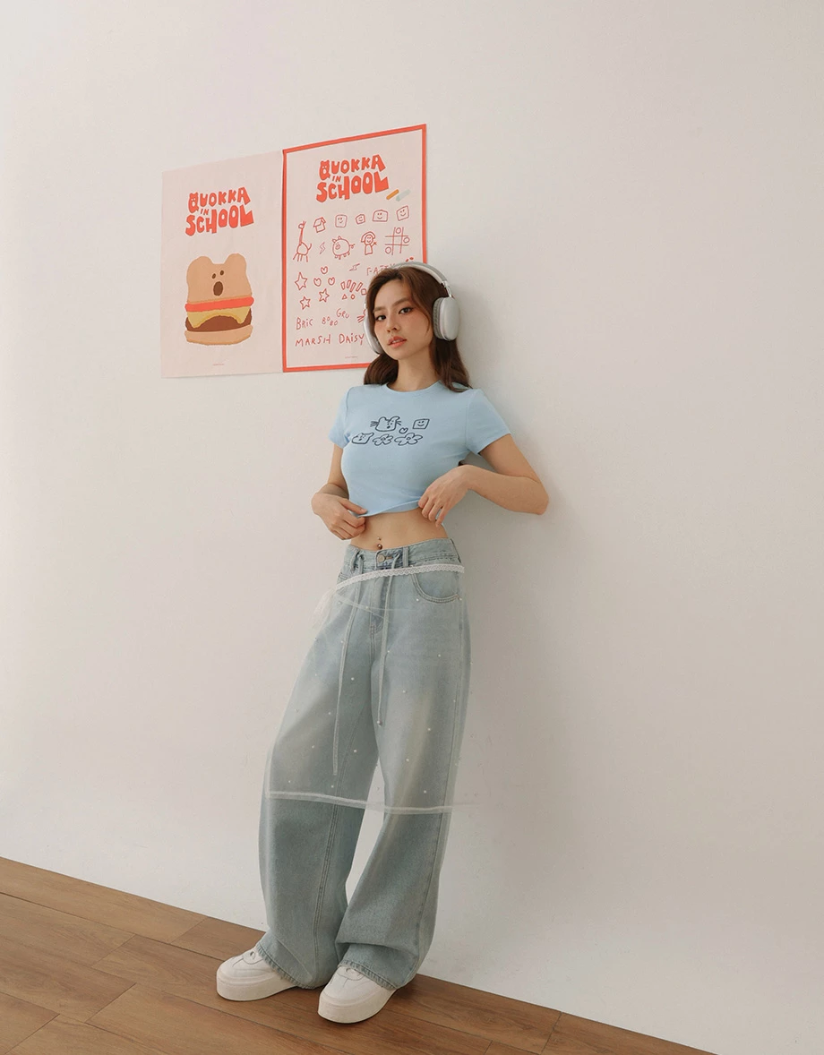 【DINOTAENG】Puff Print Cropped T-Shirt