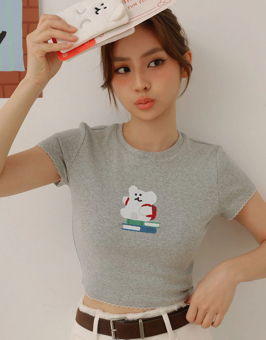 【DINOTAENG】彩色印花圓領木耳邊短袖短版TEE