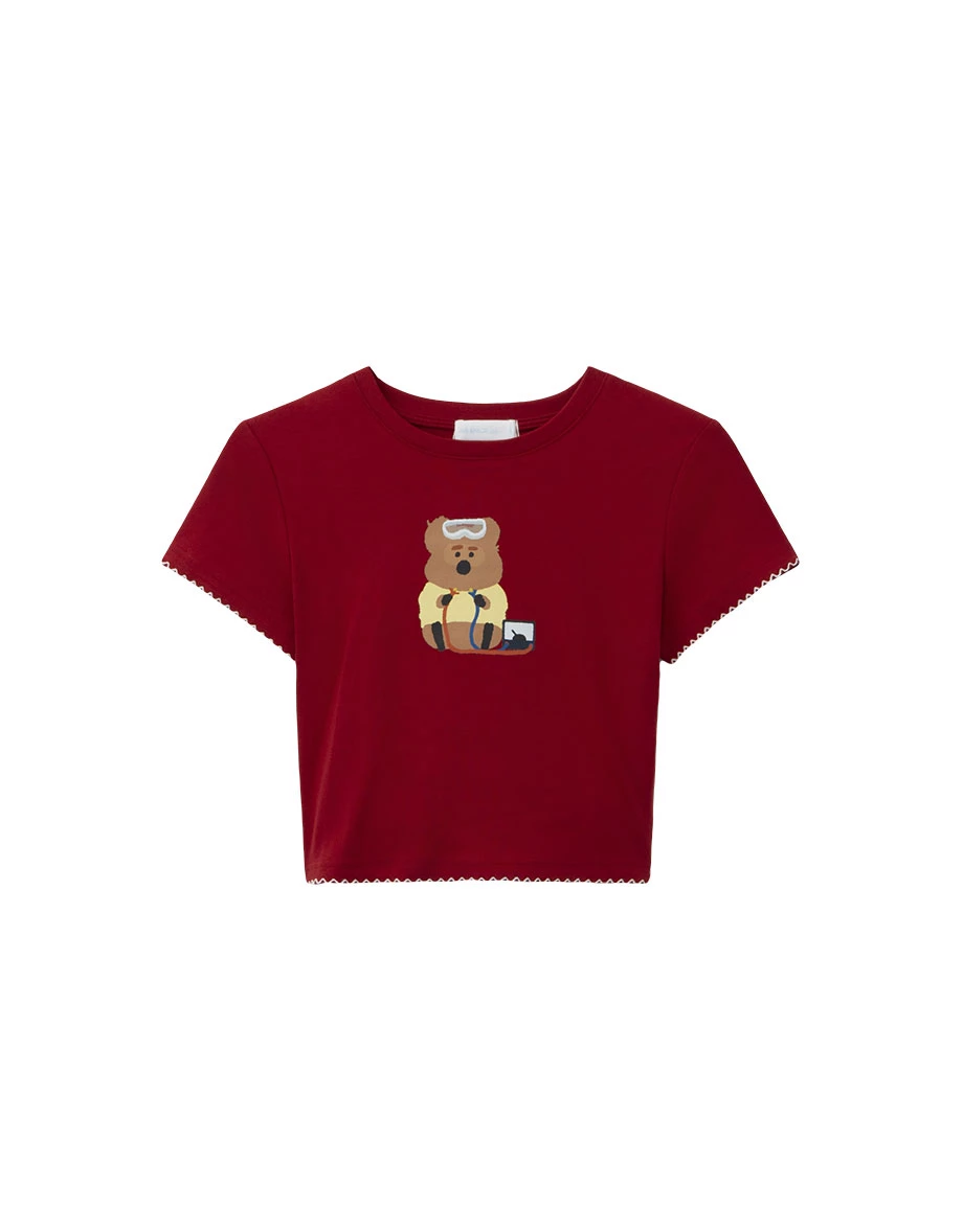 【DINOTAENG】Graphic Cropped T-Shirt With Ruffled Hem