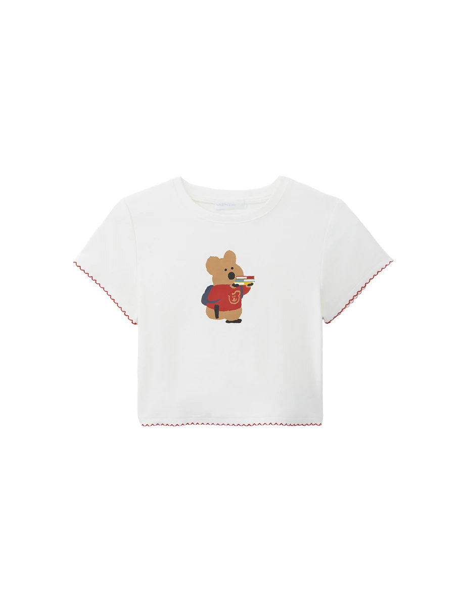 【DINOTAENG】Graphic Cropped T-Shirt With Ruffled Hem 【DINOTAENG】Graphic Cropped T-Shirt With Ruffled Hem