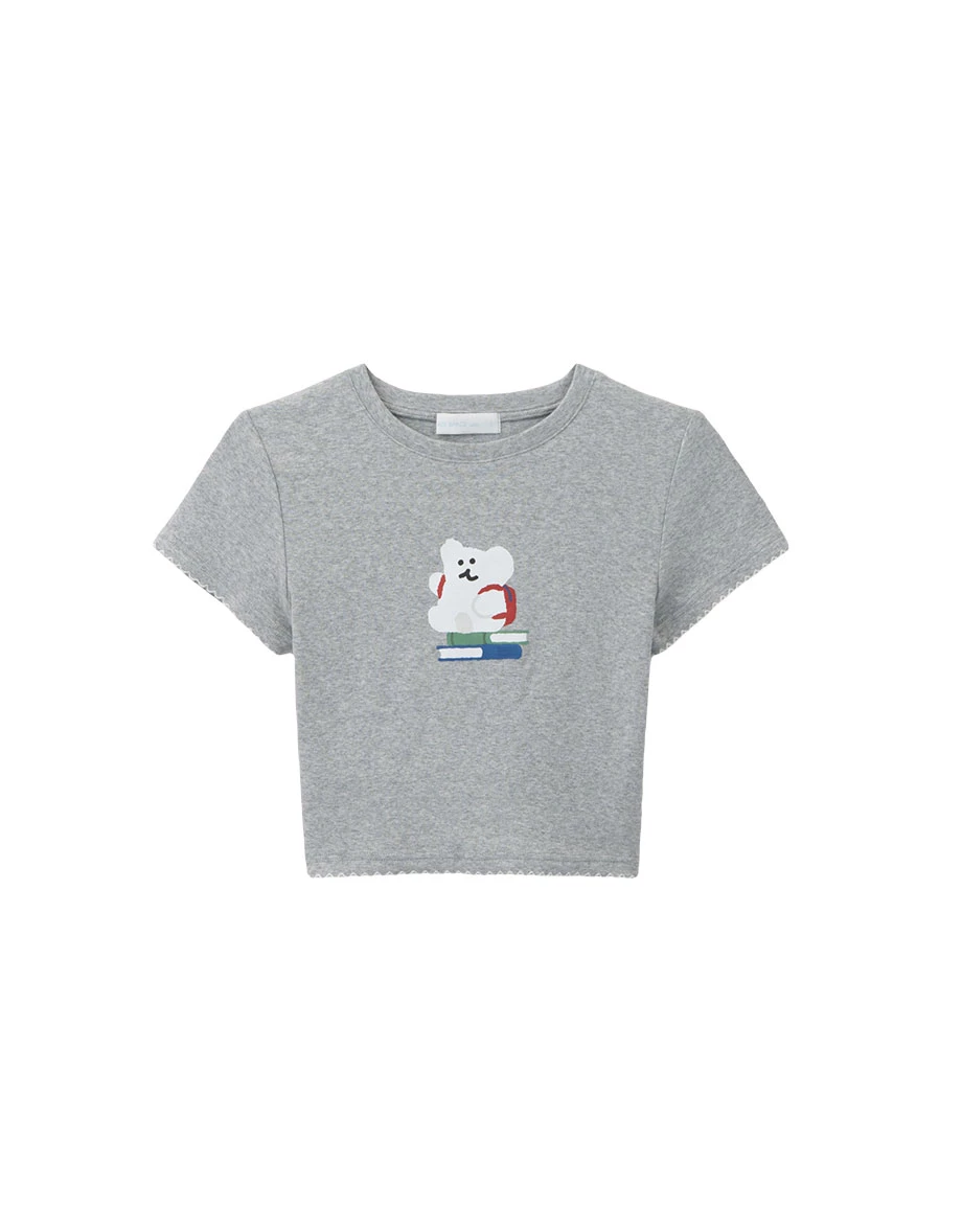 【DINOTAENG】Graphic Cropped T-Shirt With Ruffled Hem 【DINOTAENG】Graphic Cropped T-Shirt With Ruffled Hem