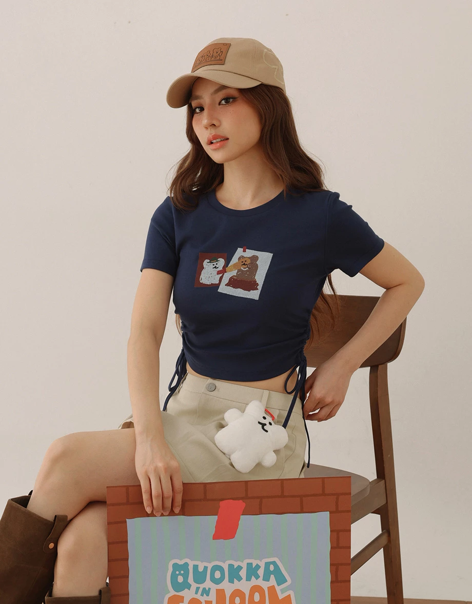 【DINOTAENG】Side Drawstring Ruched Cropped T-Shirt