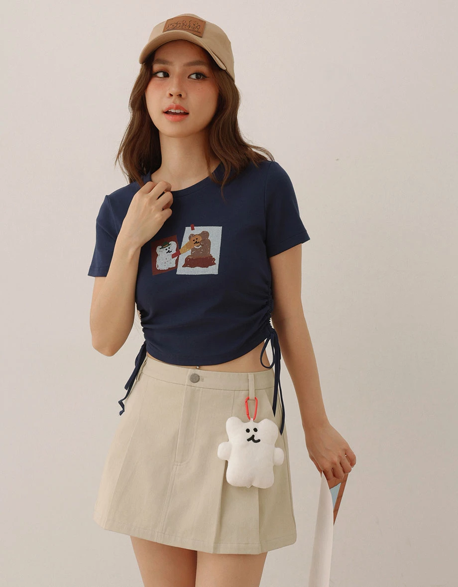 【DINOTAENG】Side Drawstring Ruched Cropped T-Shirt
