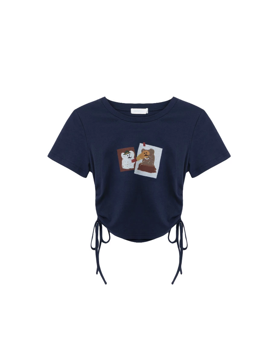 【DINOTAENG】Side Drawstring Ruched Cropped T-Shirt