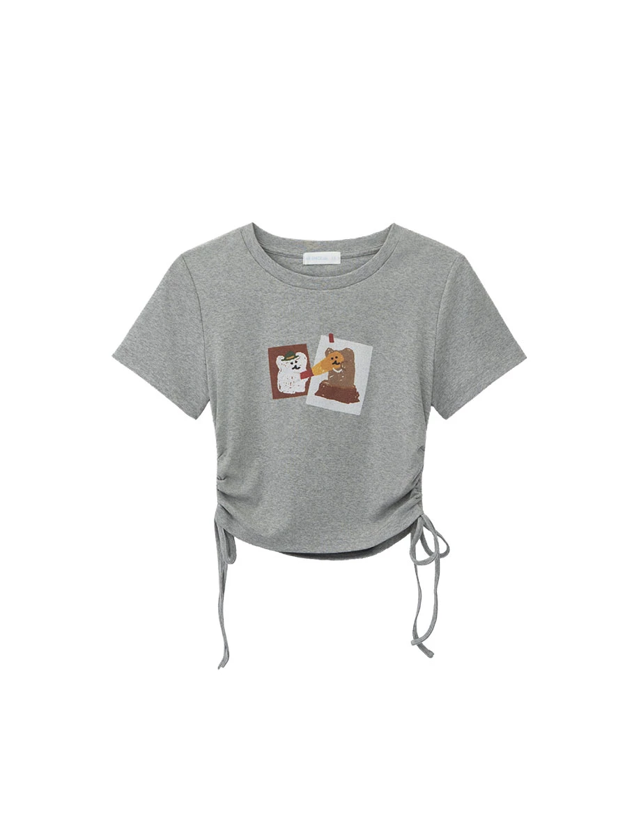 【DINOTAENG】Side Drawstring Ruched Cropped T-Shirt 【DINOTAENG】Side Drawstring Ruched Cropped T-Shirt