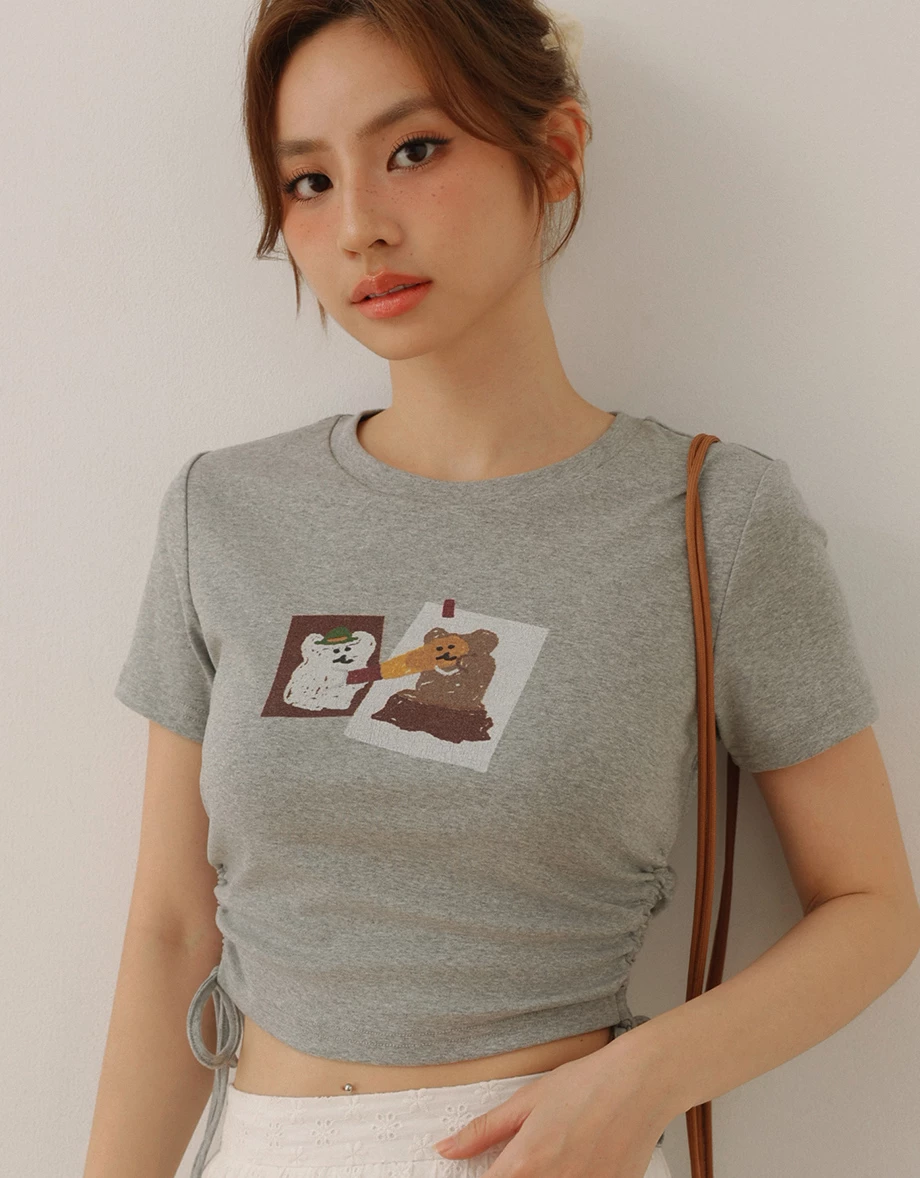 【DINOTAENG】圓領側抽繩抓皺短袖短版TEE