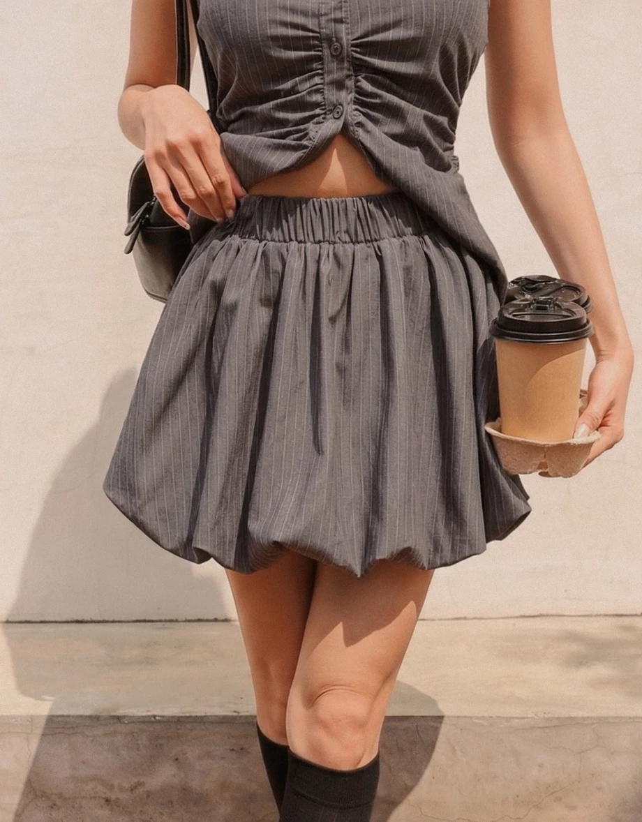 鬆緊腰花苞短裙 素色款/條紋款