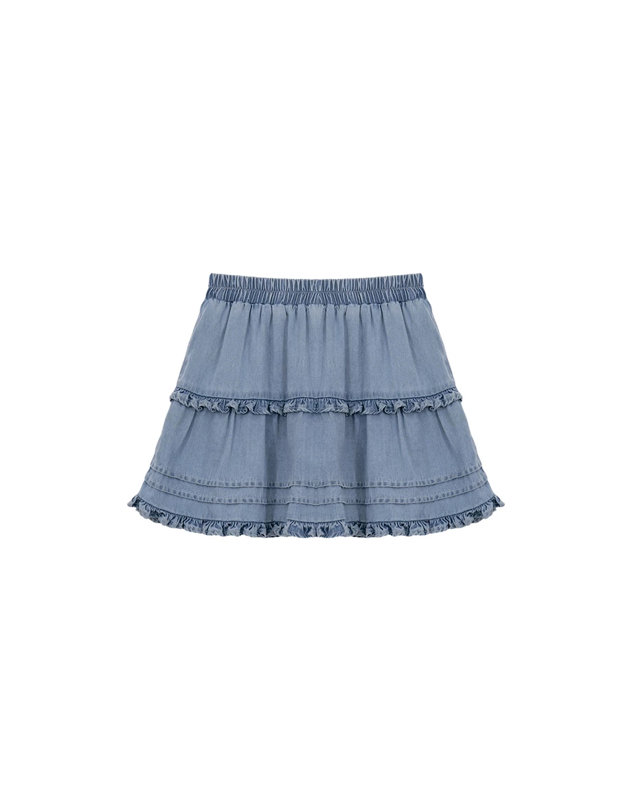 【2.0 SKIN 親膚天絲丹寧】層次荷葉邊蛋糕短裙