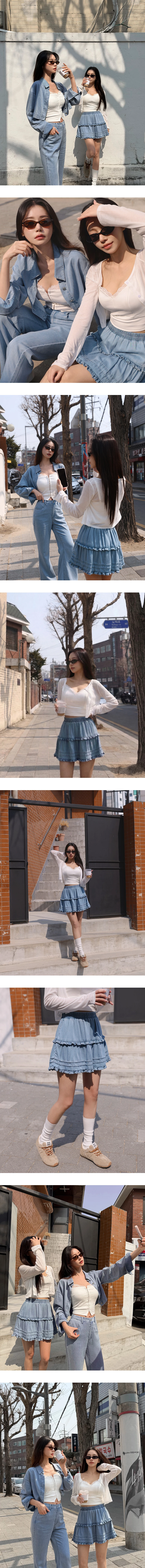 【Den!m LITE】Elastic Waistband Tiered Ruffle Trim Layered Denim Mini Skirt