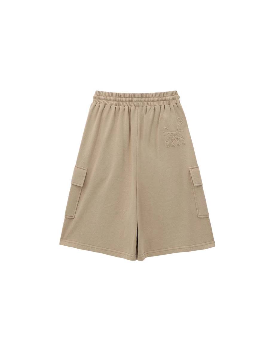 【樂一通】 後立體印花腰抽繩雙口袋水洗休閒七分褲