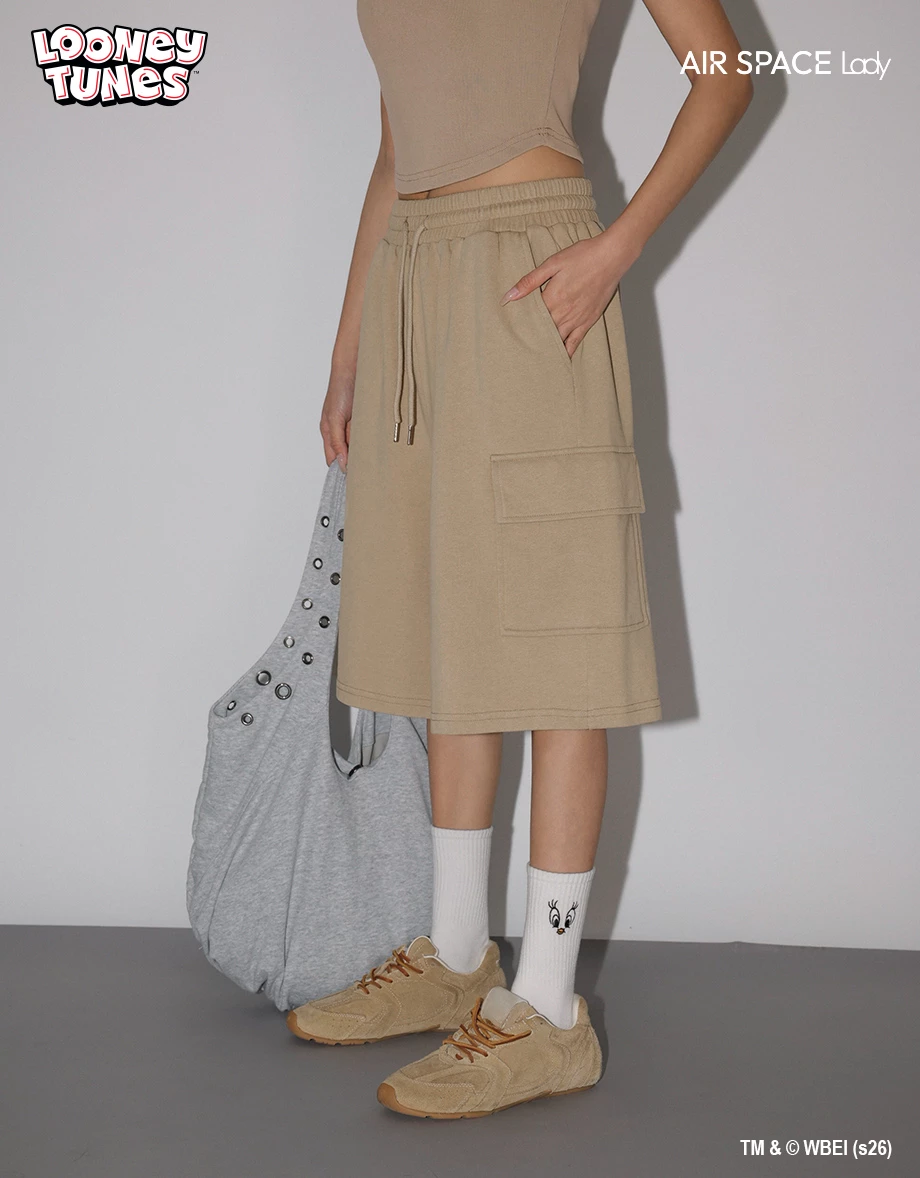 【樂一通】 後立體印花腰抽繩雙口袋水洗休閒七分褲