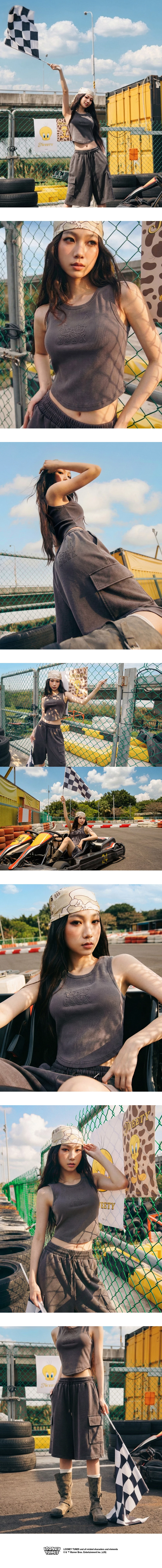 【樂一通】 後立體印花腰抽繩雙口袋水洗休閒七分褲