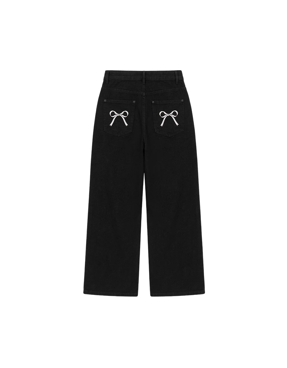 後口袋蝴蝶結刺繡斜紋直筒長褲