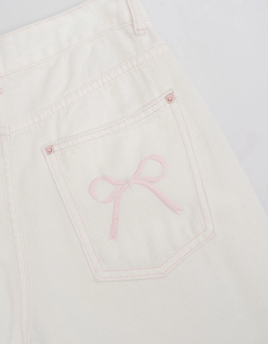 後口袋蝴蝶結刺繡斜紋直筒長褲