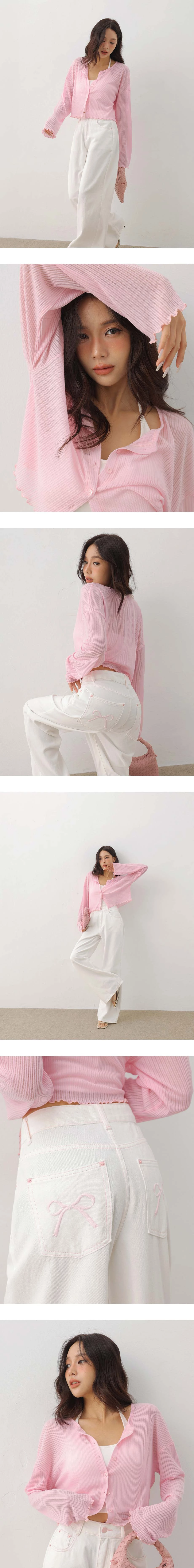 後口袋蝴蝶結刺繡斜紋直筒長褲