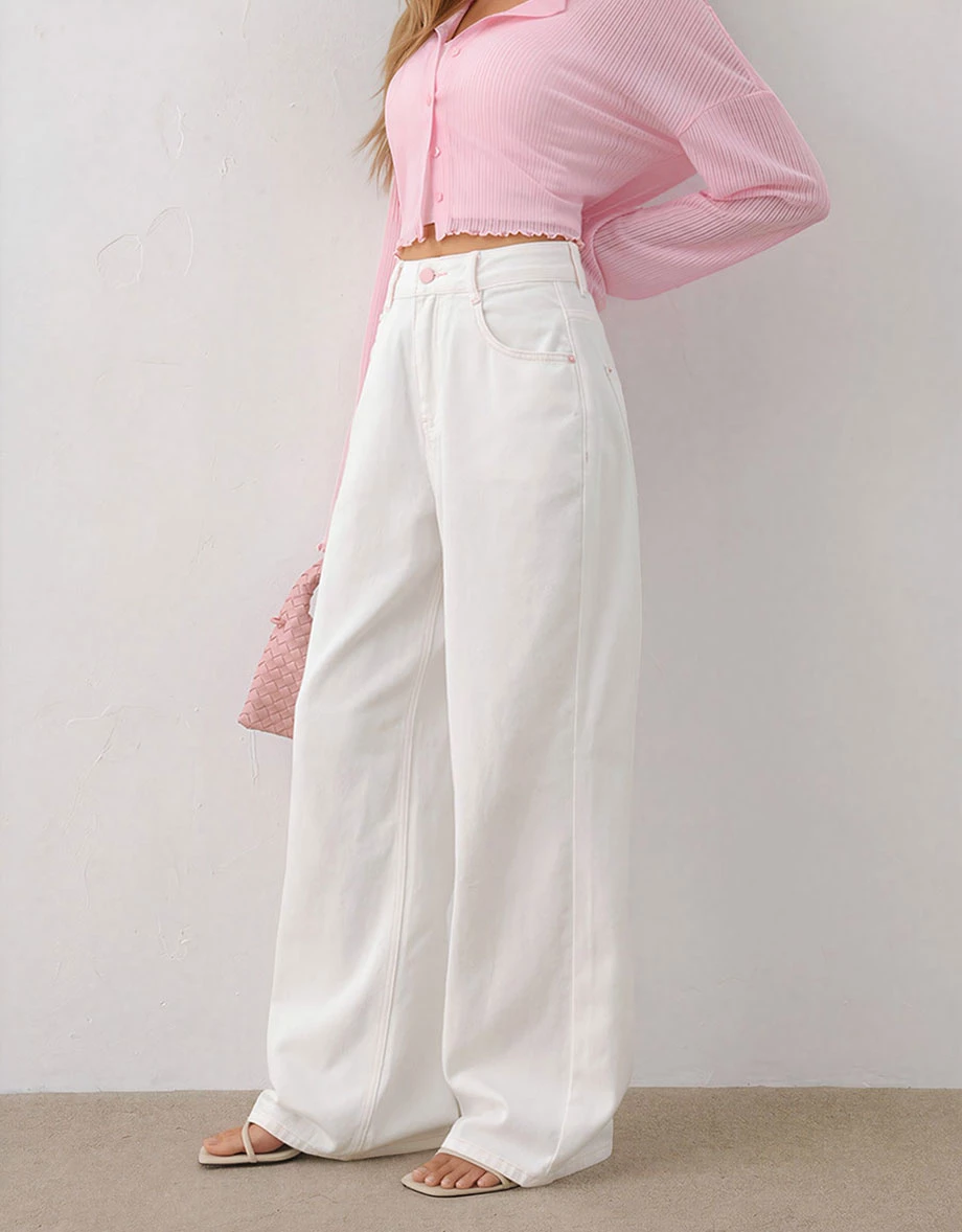 High Waist Bow Embroidery Pockets Wide Leg Denim Jeans Pants High Waist Bow Embroidery Pockets Wide Leg Denim Jeans Pants