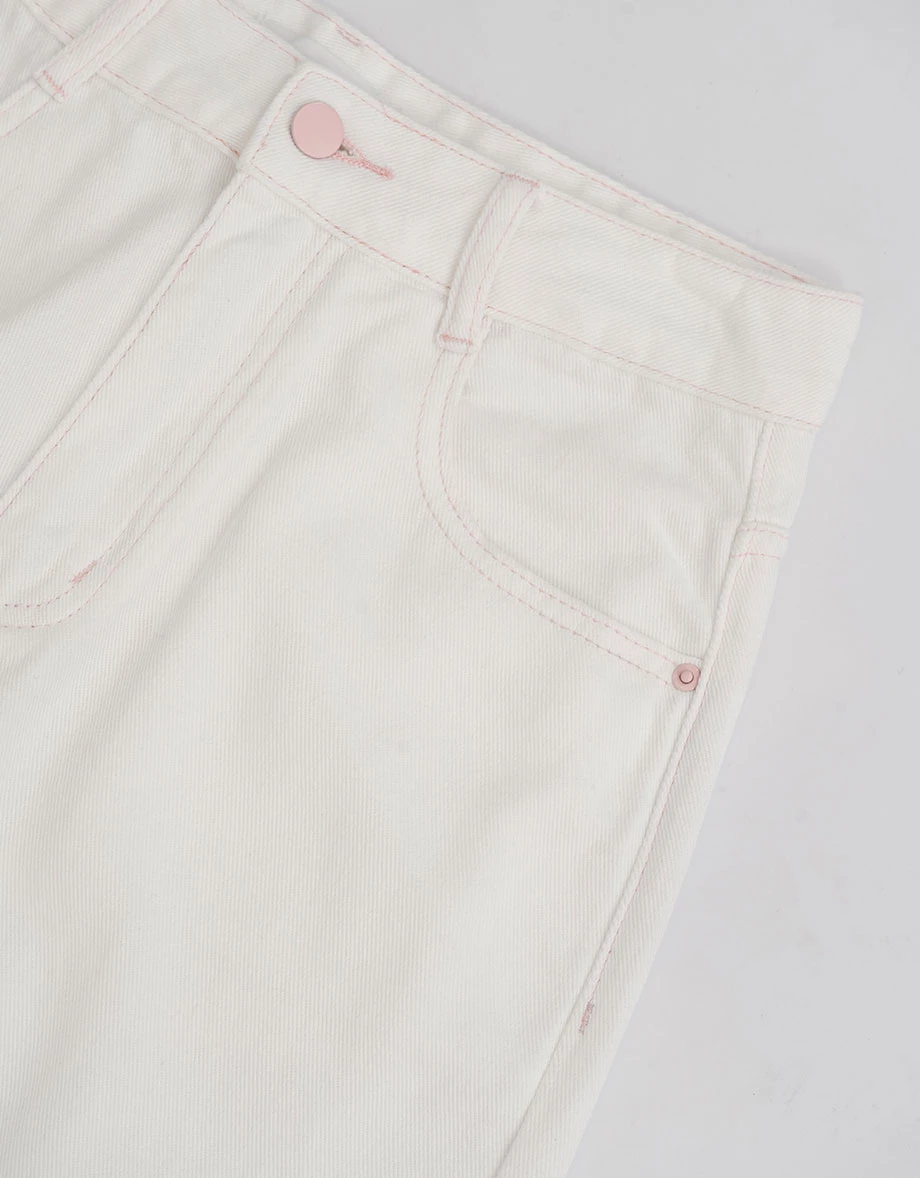 後口袋蝴蝶結刺繡斜紋直筒長褲