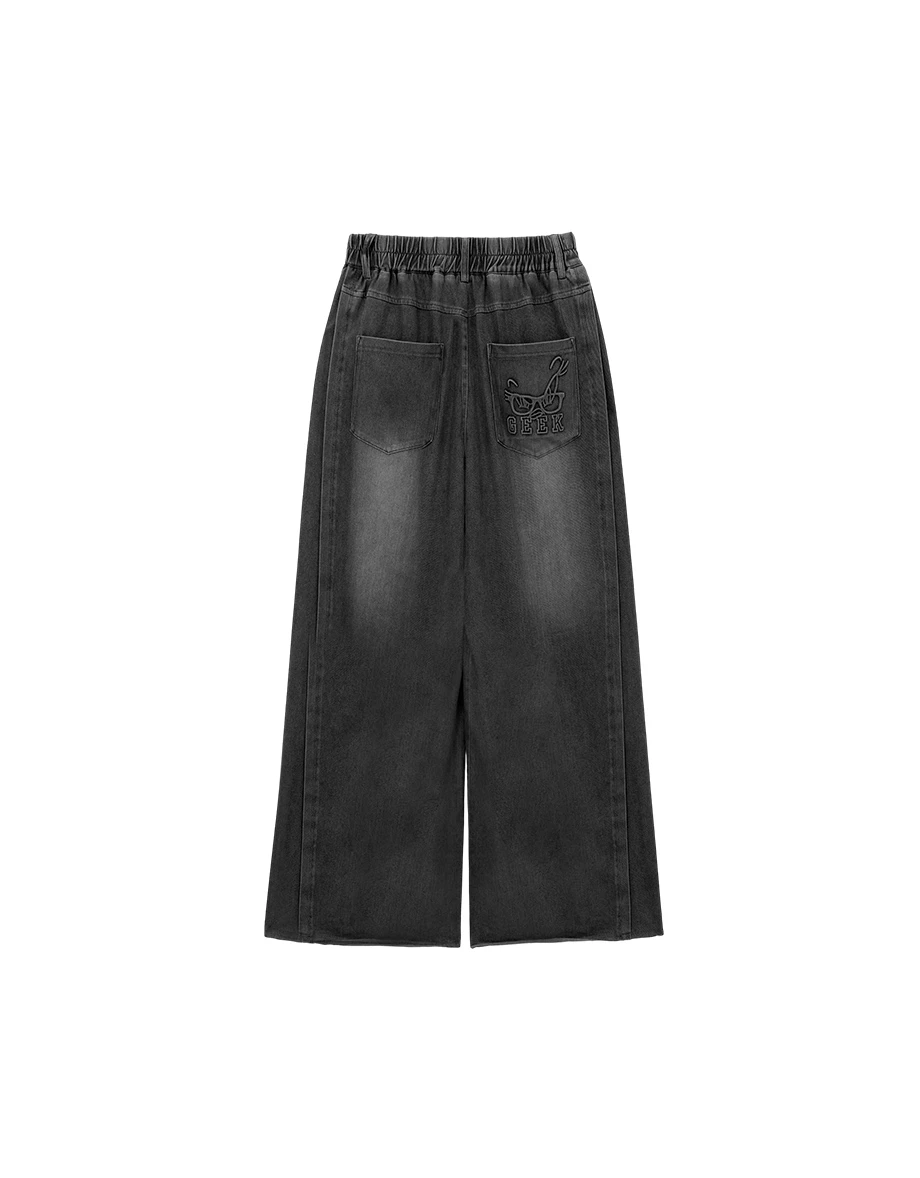 【樂一通】 立體印花前剪接車線腰鬆緊輕薄牛仔寬褲