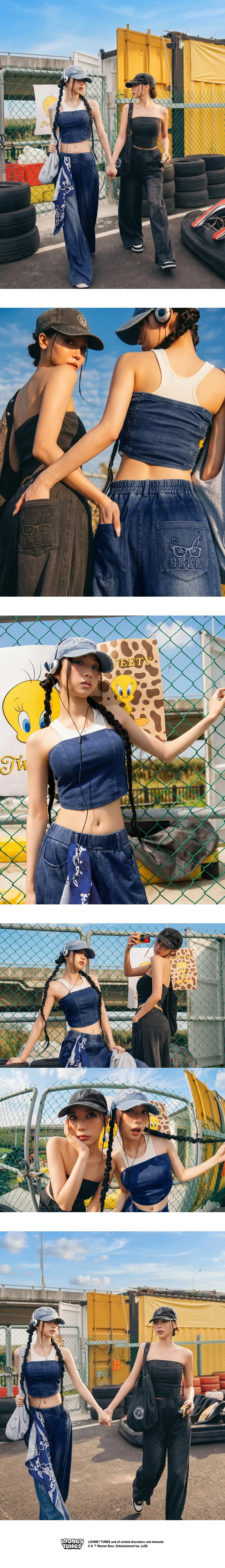 【樂一通】 立體印花前剪接車線腰鬆緊輕薄牛仔寬褲